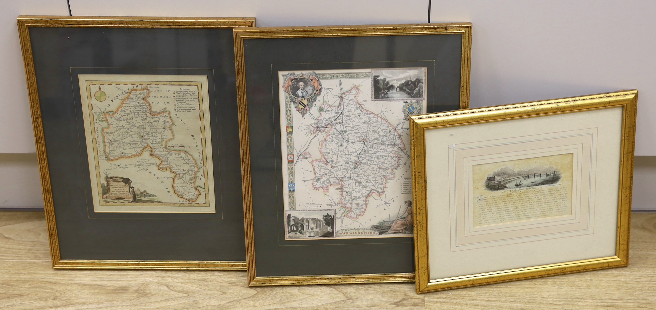 A hand coloured steel engraving of the Brighton Royal Chain Pier, 10 x 15cm, and two steel engraved maps, Oxfordshire and Warwickshire, largest 26 x 20cm